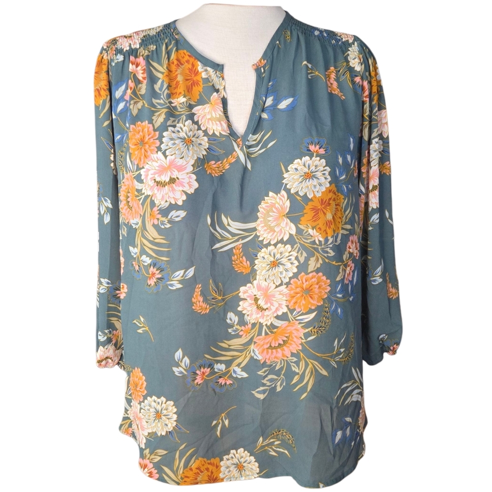 Fun2Fun Size 2X Bohemian Sage Green Floral V-Neck Blouse Smocked Balloon Sleeves